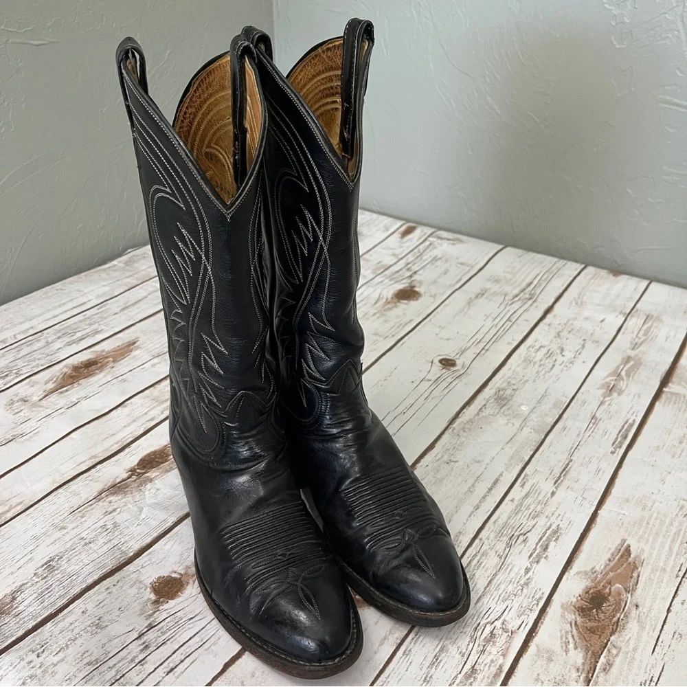 Tony Lama Black Western Cowboy Boots Size 8? Leather vintage black label El Paso - Picture 14 of 15